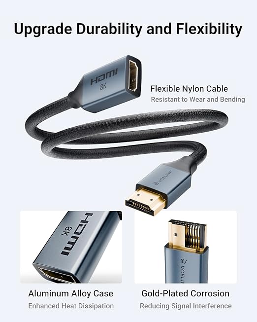 VCELINK 8K Short HDMI Extender Cable 2 FT Ideal for Tight Spaces, HDMI Extension Cable Support 8K@60Hz, 4K@120Hz/144Hz, HDCP 2.2/2.3, Compatible with Roku TV Stick, HDTV, Game Console, Laptop, 1 Pack