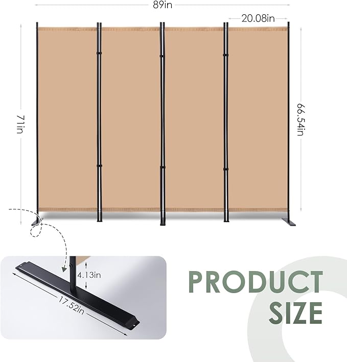 RANTILA 4 Panel Room Divider, 6 FT Folding Privacy Screen with Wide Feet, Freestanding Partition for Room Separation, Portable Room Divider Panel, 89" W x 71" H, Beige