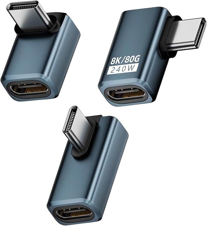 Poyiccot 90 Degree USB C Adapter【240W Charging/ 80Gbps Data/ 8K@60Hz Video】 Right Angle USB C Adapter Thunderbolt 5 Type C Extender Compatible for Laptop, MacBook,iPhone 16, Steam Deck, 3-Pack