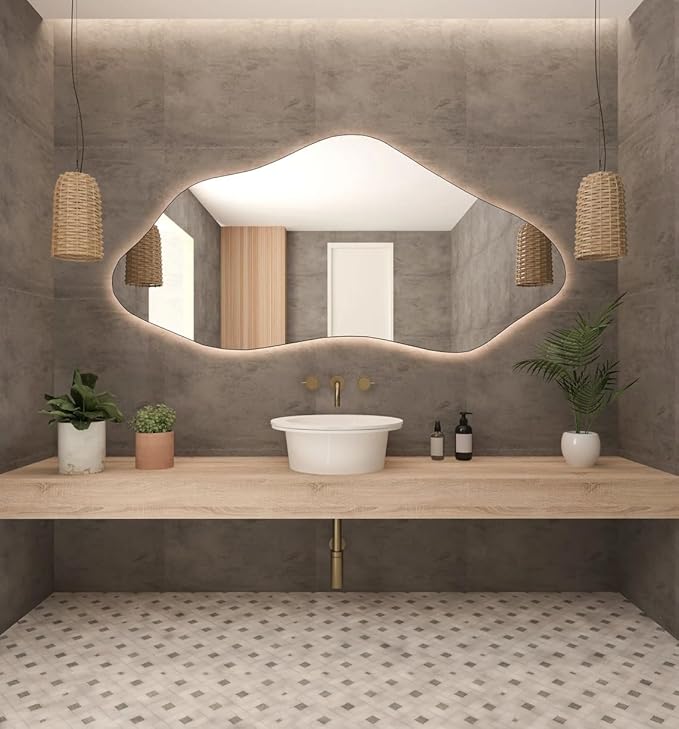 Asymmetrical Bathroom LED Mirror, Modern Irregular Shape Wall Mirror with LED Lights, Frameless Aesthetic Backlit LED Illimunated Vanity Mirror (20" x 10" inc)