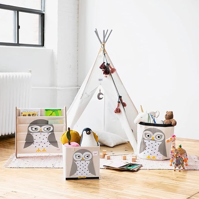 3 Sprouts Toy Storage Organizer: Toy Box Cube Organizer for Playroom, Nursery - Foldable Storage Bin - Owl