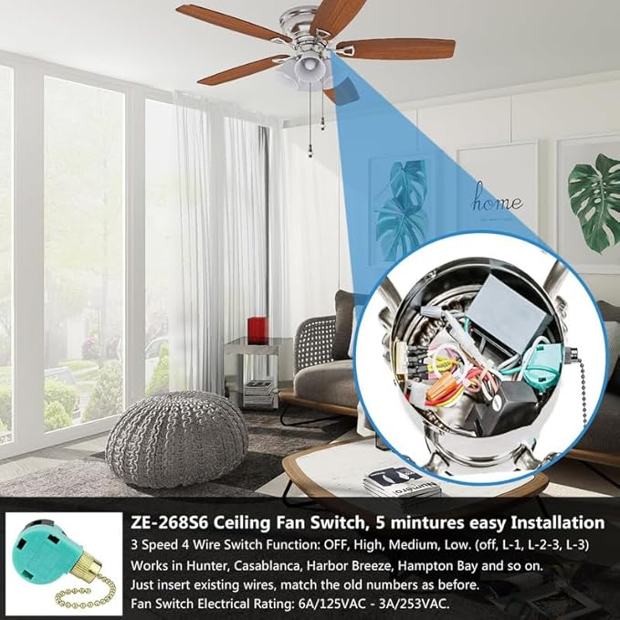 Ceiling Fan Replacement Parts Zing Ear ZE-268S6, Ceiling Fan Switch 3 Speed 4 Wire Pull Chain Cord Switch Speed Control Compatible with Hunter Ceiling Fans Wall Lamps (Brass Pull Chain)