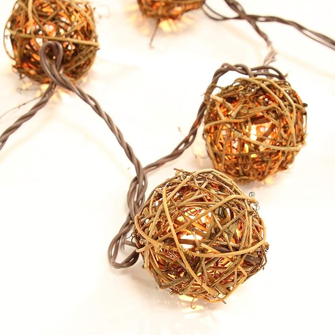 Rattan Christmas String Lights, 10 Mini Natural Globe Rattan Balls, Wicker Lights for Patio, Wedding, Garden, Party, Home Decor, Indoor Outdoor Use, 7.92Ft (Brown Cord)