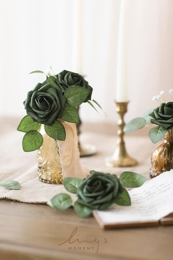 Ling’s Moment Artificial Flowers 25Pcs Emerald Green Roses Decor w/Stems,3" Real Touch DIY Foam Floral for Wedding Bouquet/Centerpieces, Outdoors Party Backdrop, Room/Table, and Garden/Pot Decorations