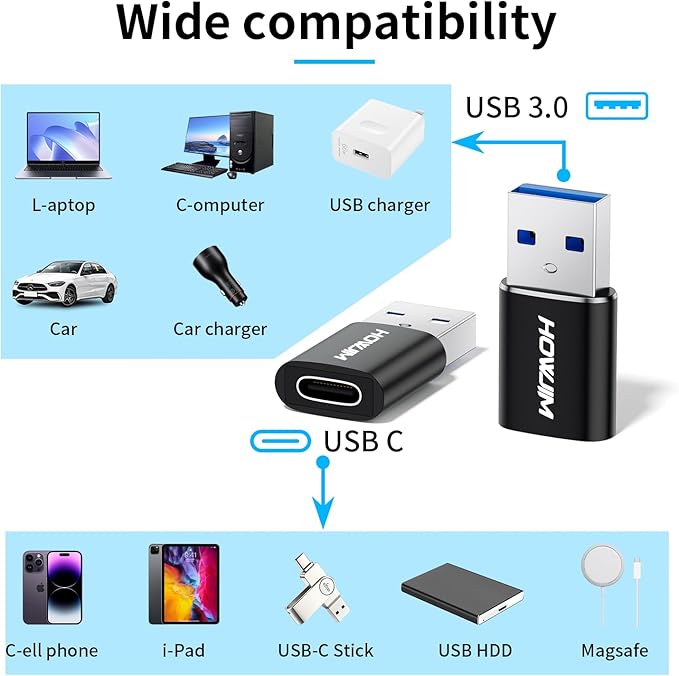 USB to USB C Adapter 2 Pack,PD/QC Fast Charging 5Gbps Data Transfer,Type-C Female to USB3.0 Male OTG Adapter for M-acBook,Pad Pro/Air,Phone 17/16/15 Pro Max,A-pple Watch,G-alaxy,X-peria,A-irpods Black