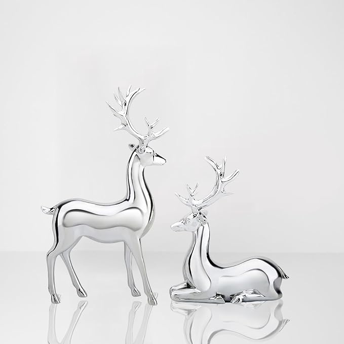 GALEI-2PCS Scandinavian Style Elk Ornament Christmas Resin Sitting and Standing Deer Statue Home Living Room Study Ornaments (Silver, One Size)