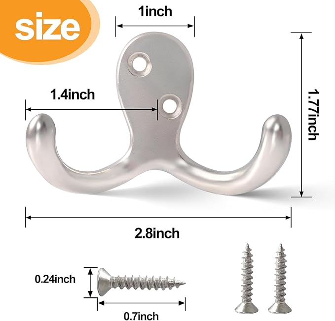 15 Pack Coat Hooks Wall Hooks for Hanging, Heavy Duty Double Prong Metal Hook Wall Mounted for Living Room, Bathroom, Kitchen, Bedroom for Coat, Bag, Scarf, Towel, Hat, Key, Cup (Silver)