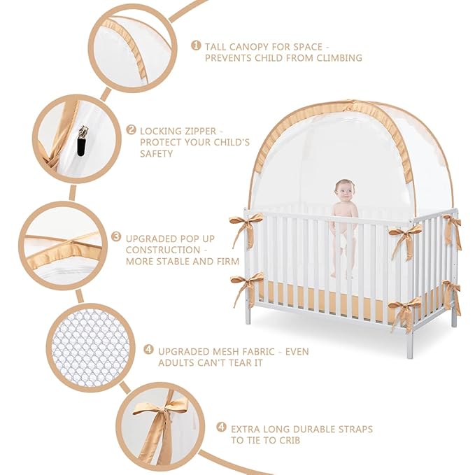 Pop Up Baby Crib Tent, Safety Tent to Keep Toddler from Climbing Out, Canopy Against Falls and Bites, Netting with Breathable & Soft Mesh, Orange (R07-orange)
