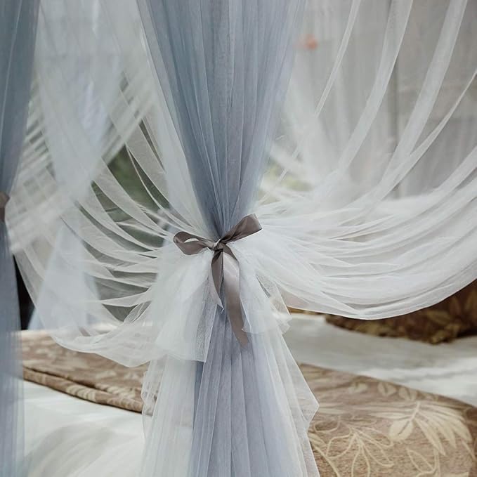 Joyreap Luxury 4 Corners Post Canopy Bed Curtains - Grey & White Cozy Drape Netting - Cute Princess Style Bedroom Decoration Accessories (47" W x 78" L, Twin)