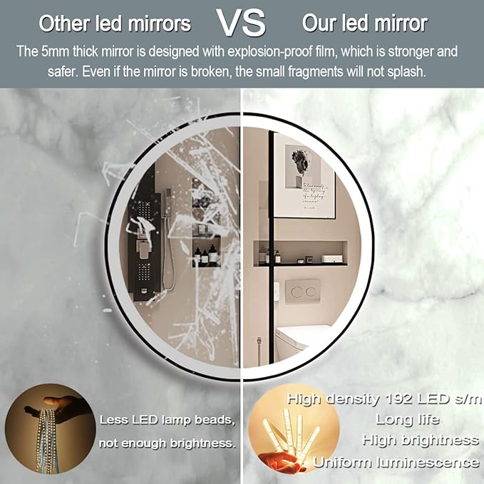 40" LED Mirror, Wall Mount, Round, Black Frame, 3 Color Lights, Anti-Fog, Adjustable Brightness, Modern Home Decor