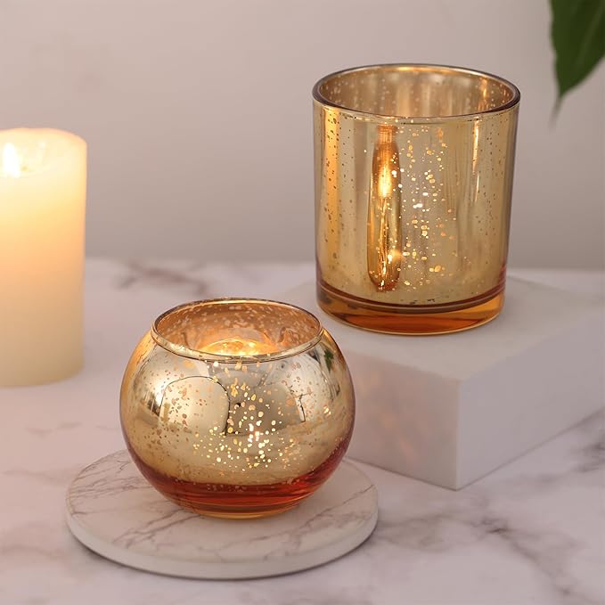 20 Pcs Assorted Gold Votive Candle Holders Bulk, Larger Size Mercury Glass Votives with Round Candle Holder for Wedding Decorations, Tealight Candle Holder for Gold Party Table Centerpieces