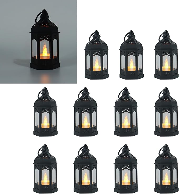 LLQ 12Pcs Mini Lanterns with Small LED Candle, Ramadan Lanterns Decorative Indoor, Vintage Black Lantern for Ramadan EID Decorations Halloween Christmas Wedding Table Centerpiece, Battery Included