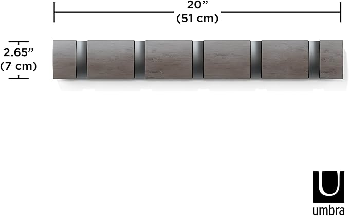 Umbra Flip Wall-Mounted Coat Rack with 5 Hooks – Modern, Space-Saving Storage for Hats, Jackets, Bags, Entryway, Mudroom, Closet, Bathroom, Bedroom – Grey/Pewter
