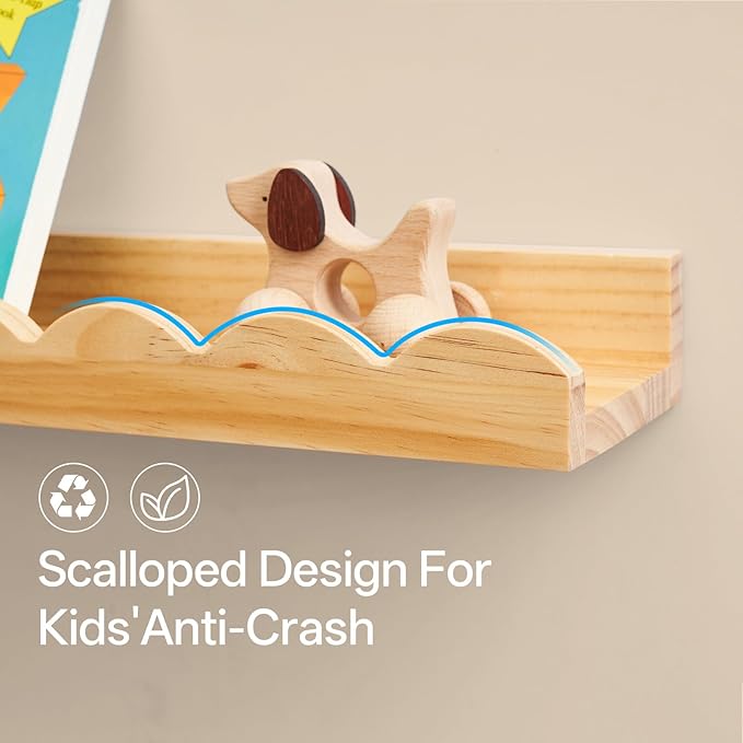 Nursery Book Shelves, Scalloped Floating Shelves Set of 2 Solid Pine Wood Wall Mounted Bookshelf with Wave Lip for Bedroom Kids, Toddler Room, Baby Room Natural 36inch