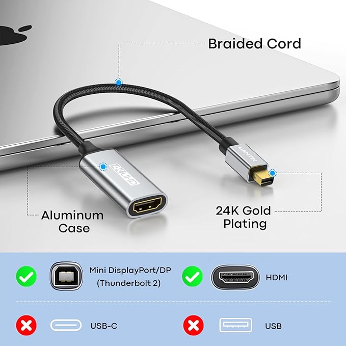 Mini DisplayPort to HDMI Adapter | 4K High-Speed Thunderbolt 2 (DP) Male to HDMI Female Braided Converter, Mini Display Port Compatible for MacBook Air/Pro, Mac mini, Surface Pro/Dock