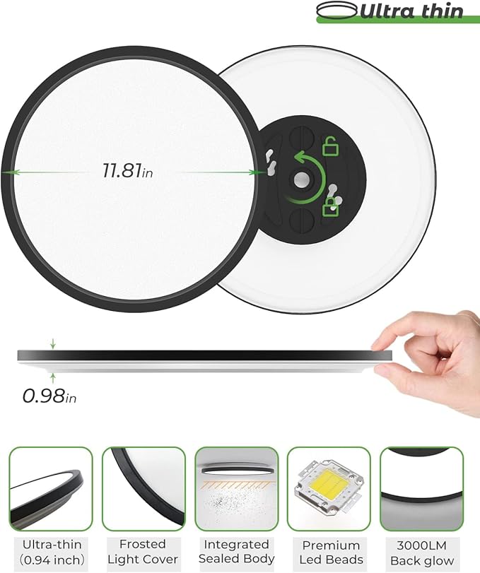 zemty 12 Inch Black Ceiling Light - 28W 3200lm LED Ceiling Light Flushmount, 3 Color Temperature in One 3000k/4500k/6000K Modern Ceiling Lamp for Bedroom Kitchen DiningRoom - 2Pack