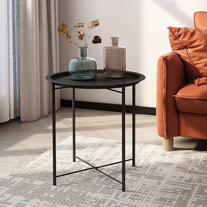 VECELO Side/End Table, Folding Round Metal Anti-Rust and Waterproof Outdoor or Indoor Tray for Living Room Bedroom Balcony and Office, 1 PCS, Black