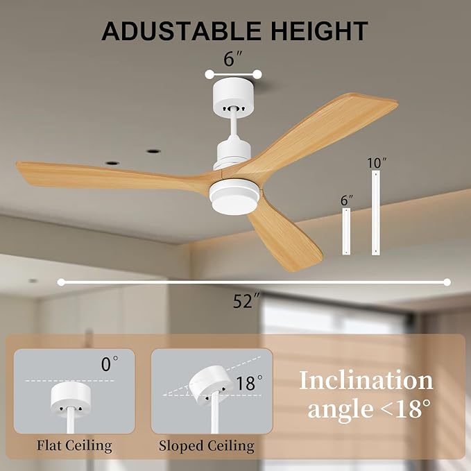 Obabala Ceiling Fan with Light 52 in Outdoor Ceiling Fans with Light and Remote, Modern 3 Wooden Blades, 6 Speed Reversible DC Motor for Patios, Kitchen Bedroom Porch