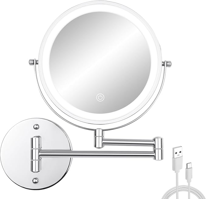 Wall Mounted Makeup Vanity Mirror with Lights, 8” Double Sided 1X/10X Wall Mount Magnifying Bathroom Shaving Mirror with 3 Color Lights, Rechargeable Touch Dimmable Extendable Cosmetic