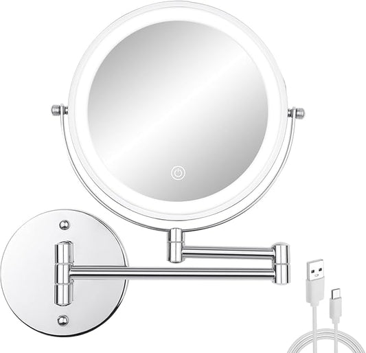 Wall Mounted Makeup Vanity Mirror with Lights, 8” Double Sided 1X/10X Wall Mount Magnifying Bathroom Shaving Mirror with 3 Color Lights, Rechargeable Touch Dimmable Extendable Cosmetic