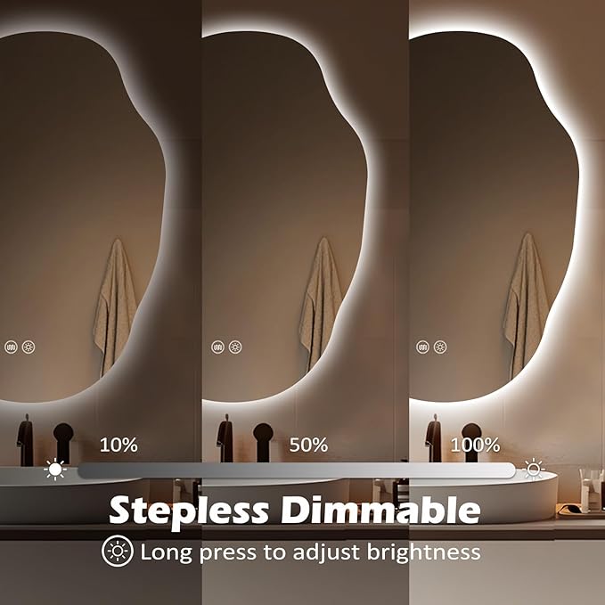 LED Mirror for Bathroom 25x35, Stepless Dimmable Irregular Backlit Mirror with 3 Colors, Anti-Fog, Memory, Al-Alloy Lampshade, Frameless Vanity Mirror for Bathroom (Horizontal/Vertical)