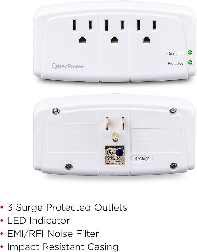 CyberPower CSB300W Essential Surge Protector, 900J/125V, 3 Outlets, Wall Tap