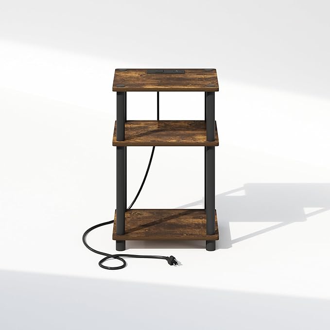 Furinno JUST Night Stand, 3-Tier Turn-N-Tube Nightstand with Charging Station, Bedside Table, End Table, Side Table with USB and Type-C Charging Port, for Bedroom, Living Room, Amber Pine