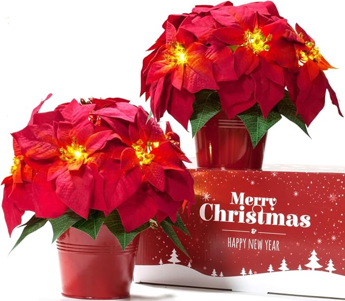 2 Pack Lighted Artificial Poinsettias for Outdoors LED Poinsettia Flowers Artificial Faux Poinsettia Plants Poinsettia Christmas Decorations for Holiday Home Kitchen Decor(10 inch)