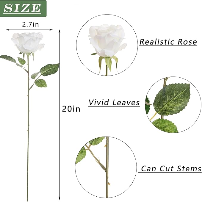 FOTEEWL 60 Pcs Artificial Rose Flower Realistic Faux Silk Roses Stem Fake Roses Bouquet for Flower Arrangement,Wedding Centerpieces,Party,Home Decorations (White)