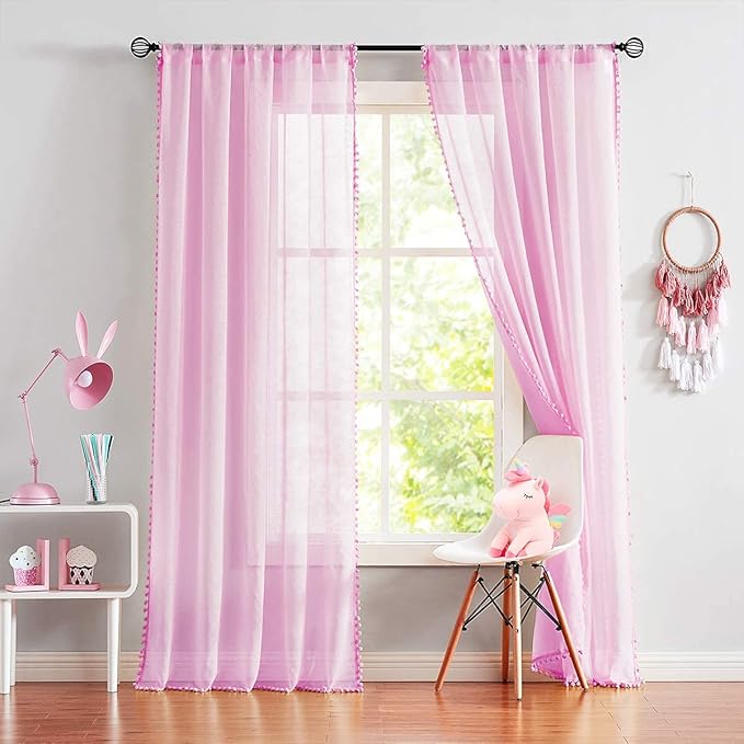 Treatmentex Pom-Pom Pink Sheer Curtains for Girl's Room 95 inches Linen Textured Look Red Sheer Window Draperies for Bedroom Living Room, 52" w x 2 Panels, Rod Pocket