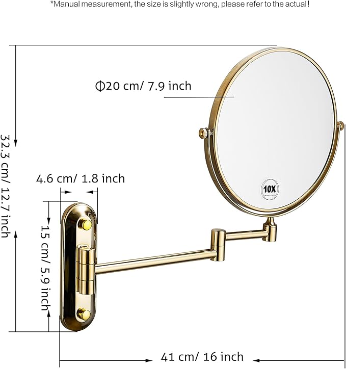 Gold 1x10x Magnifying Double Sided Bathroom Mirror 360 Degree Swivel Makeup Mirror Adjustable Extension Arm Wall Mount 8 Inch Non-Illuminated Beauty Mirror Shaving Mirror (Oval Base)