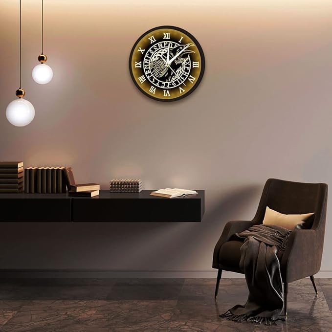 Geek Alerts Voice Control LED Lighting Clock, Cawing Black Crow with Roman Numerals Wall Clock Viking Odin Raven with Scandinavian Runes Silent Sweep Watch