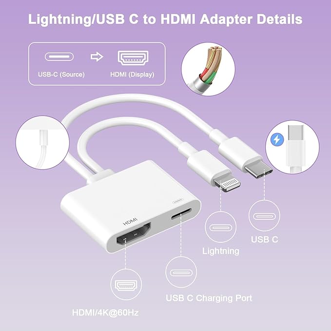 [Apple MFi Certified] 2 in 1 Lightning and USB-C to HDMI Adapter for iPhone,4K@60Hz DVI Lightning Type C Digital AV HDMI Adapter Cord for iPhone 17 16 15 14 13 12 11 XS XR X 8 HDTV/Projector/Monitor