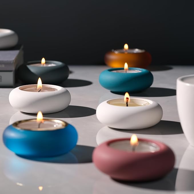 Handmade Decorative Pebble Tealight Candle Holders Set of 8 - Handcrafted Home Decor Accent for Calming Earthy Aesthetic White Cement Diameter 2.6 inches