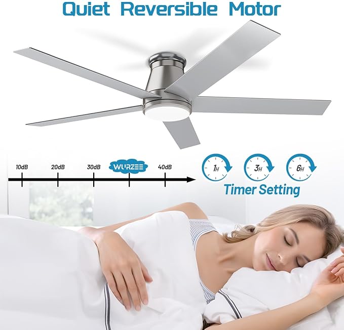 wurzee 60 inch Flush Mount Ceiling Fan Brushed Nickel ceiling fans with lights 6 Speeds DC Reversible Motor, Timing, Dimmable, 5 Blades for Bedroom,Living Room Dining Room Patio