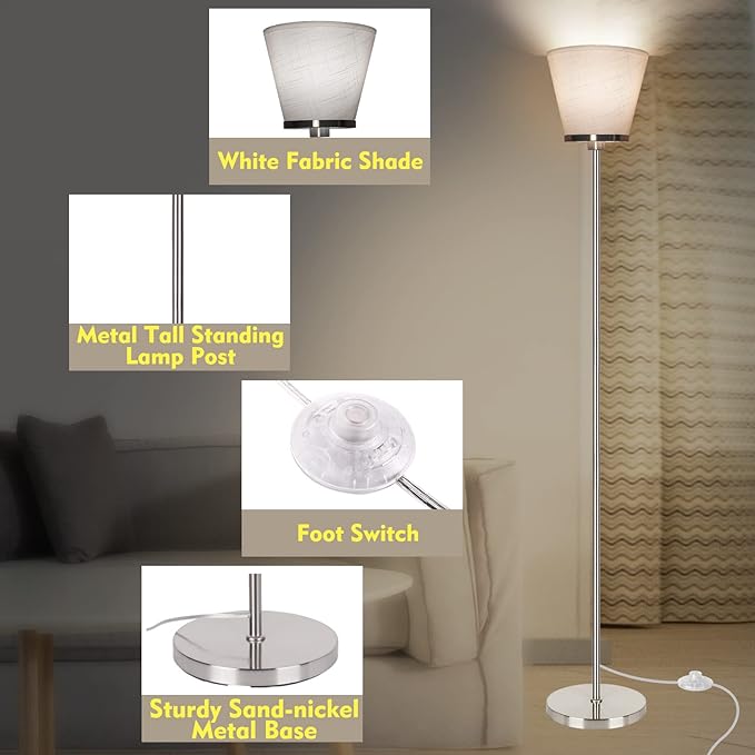 RUNTOP Floor Lamps for Living Room, Floor Lamp for Bedroom, Office, Tall Modern Standing Lamp, LED Floor Lamp with Foot Switch, 3 Color Temperatures 2700k 4000k 5000K, 9W LED Bulb, Linen Lampshade