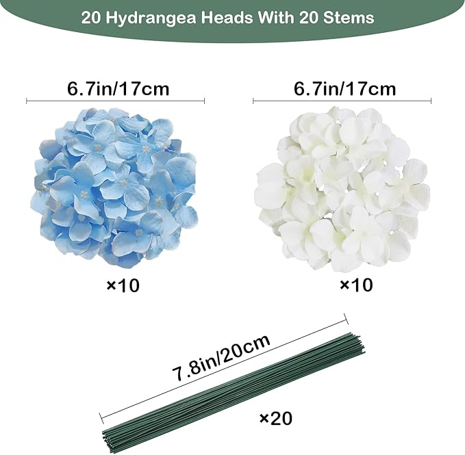 20 Pcs Blue and White Hydrangea Artificial Flowers Bulk, Faux Hydrangea Flowers Heads, Artificial Fake Silk Hydrangea Flowers with Stems, White Flowers Artificial for Decoration Wedding Décor