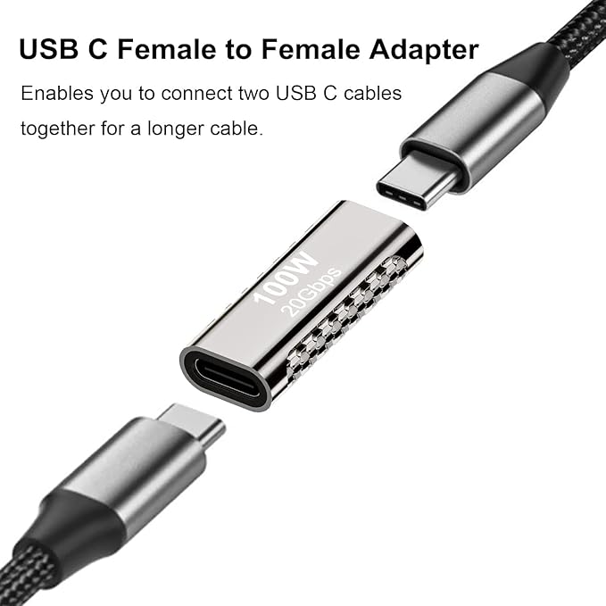 2 pcs Type-C Female Adapter，USB C doule Jack Female to Female Data line Extension Converter，20GBps 100W PD Coupler for Connecting Two Type C Cable(Female to Female)