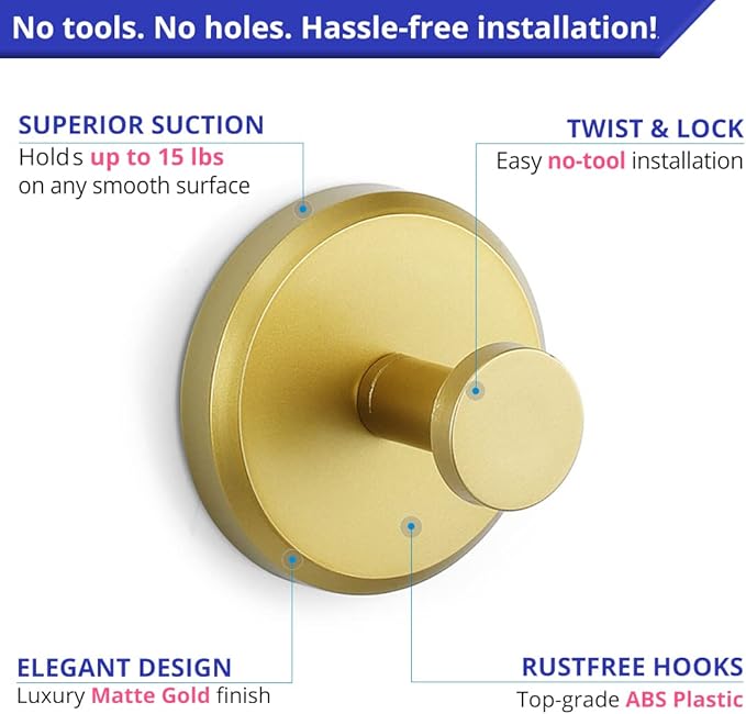 HOME SO Suction Cup Hooks for Shower, Bathroom, Kitchen, Glass Door, Mirror, Tile – Loofah, Towel, Coat, Bath Robe Hook Holder for Hanging up to 15 lbs – Waterproof, Matte Brushed Satin Gold (4-Pack)
