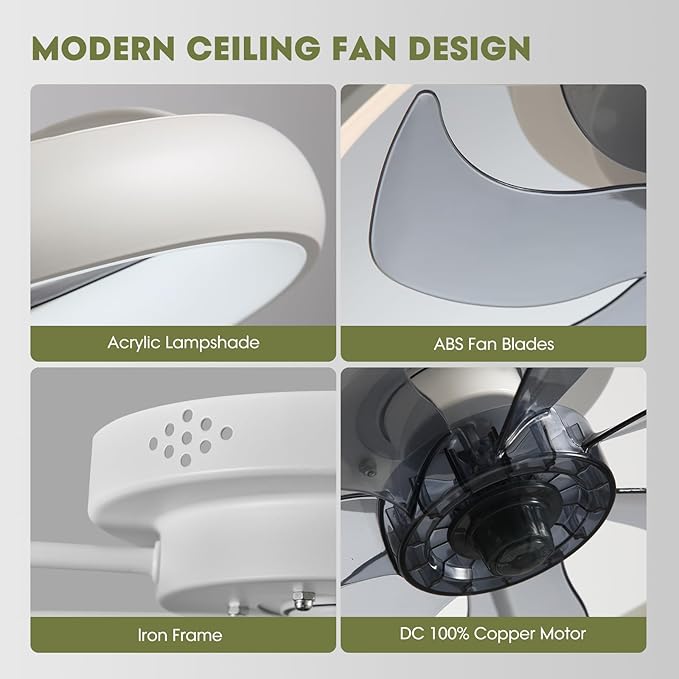 Ceiling Fans with Lights and Remote, 20'' Low Profile Flush Mount, 6 Wind Speeds, Modern Dimmable LED Ceiling Fan, Smart Ceiling Fan for Bedroom, Kids Room (White)