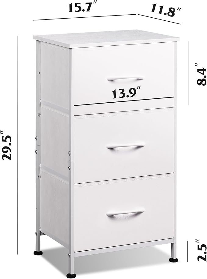 WLIVE Nightstand with 3 Drawers, Fabric Dresser, Organizer Unit, Storage Dresser for Bedroom, Hallway, Entryway, Closets, Sturdy Steel Frame, Wood Top, Easy Pull Handle, White