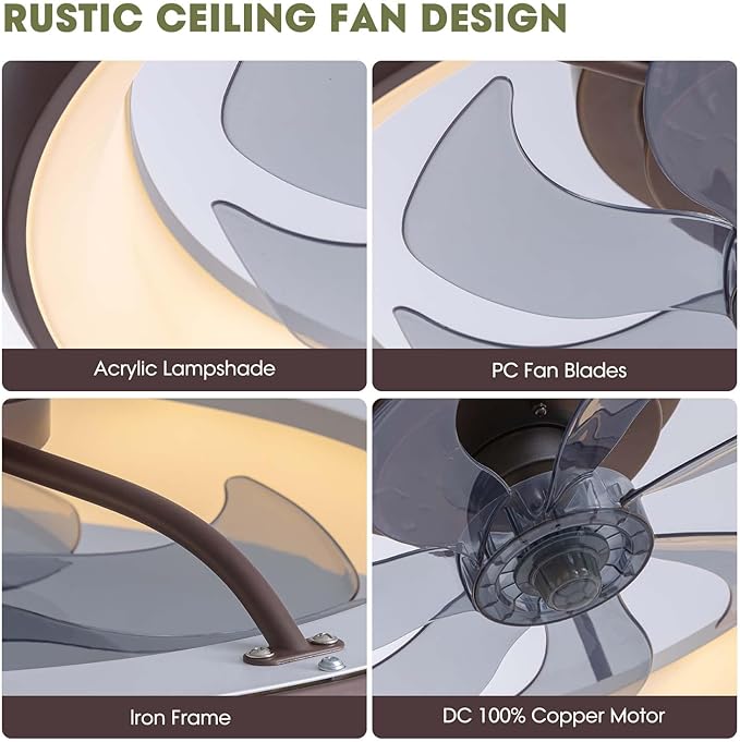 Ceiling Fan with Lights and Remote, 20'' Low Profile Flush Mount, 6 Wind Speeds, Modern Dimmable LED, Smart for Bedroom, Kids Room