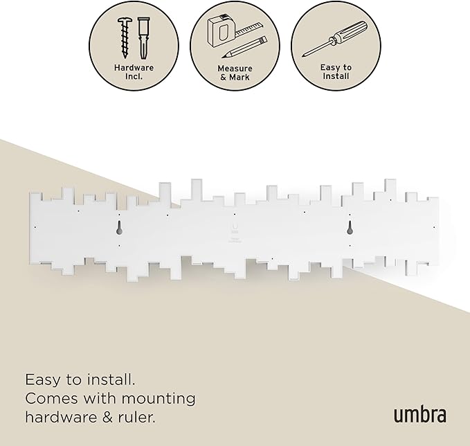 Umbra Sticks Wall-Mounted Coat Rack Rail Hook with 8 Retractable Pegs – Modern, Space-Saving Storage Organizer, White