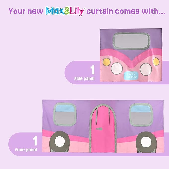 Max & Lily Underbed Curtain for Low Bunk Bed/Low Loft Bed, Camper Van Play Kids, Cotton Privacy Bottom Bunk, 2 Panel Set, Pink/Purple (180032-056)