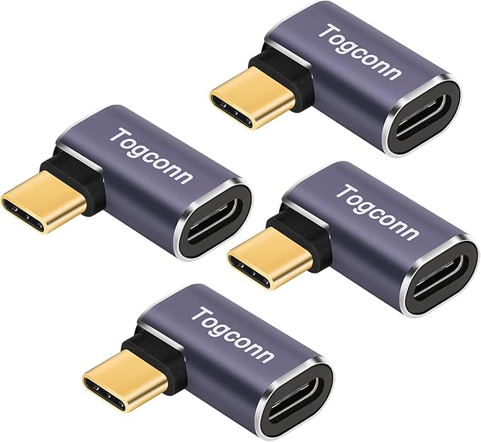 Flat 90 Degree Right Angle USB C Adapter (4 Pack), USB Type-C Male to Female Extender Connector, 40Gbps, 8K@60Hz Compatible with MacBook Pro/Air, iPhone 15/15 Pro Max, iPad Pro, Tablet, Phone, More