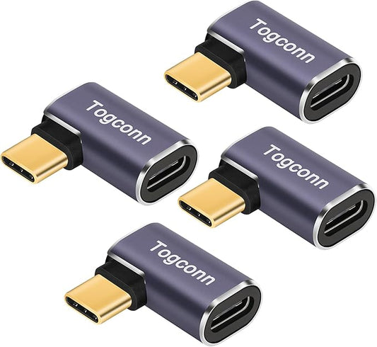 Flat 90 Degree Right Angle USB C Adapter (4 Pack), USB Type-C Male to Female Extender Connector, 40Gbps, 8K@60Hz Compatible with MacBook Pro/Air, iPhone 15/15 Pro Max, iPad Pro, Tablet, Phone, More