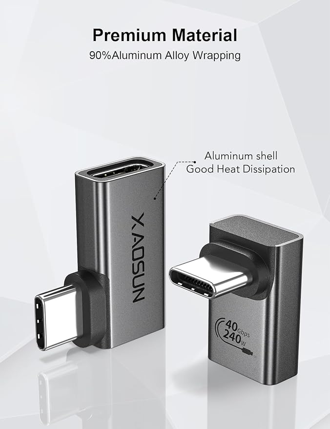 XAOSUN 90 Degree USB C to C Adapter Mixed Pack (240W 40Gbp 8K),Right Angle USB C Male to USB C Female Adapter, USB4 Type C Power Data Extender for rog Ally, steam Deck, Dock, iPhone 15 pro max Plus