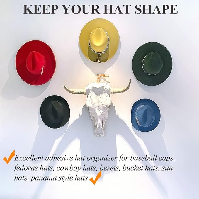 FOTYRIG Adhesive Hat Hooks Hat Hangers 10lbs Sticky Wall Rack for Baseball Caps, Bucket Hats, Cowboy Hats, Extended Wooden Pegs Handmade - Bathroom Door Cloest Entryway Wardrobe-8 Pack