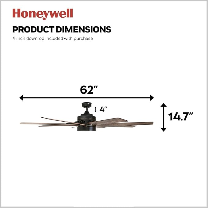 Honeywell Ceiling Fans Xerxes Modern 62 Inch Ceiling Fan with Light, Remote Control Fan, LED Indoor Fan with 8 Blades, Dark Elm and Rough Pine Blade Finish Options, Bronze (50609-01)