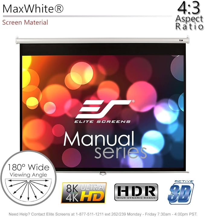 Elite Screens Manual Series, 120-INCH 4:3, Pull Down Manual Projector Screen with AUTO LOCK, Movie Home Theater 8K / 4K Ultra HD 3D Ready, 2-YEAR WARRANTY, M120XWV2